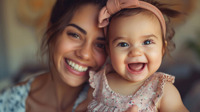 Joyful mother holding her laughing baby girl with headband, depicting family happiness and love.