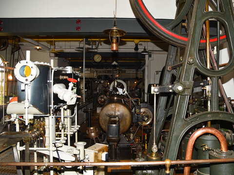 Medemblik, Netrherlands. February 28, 2024. Elements and details of old steam engines in Steam engine museum im Medemblik.