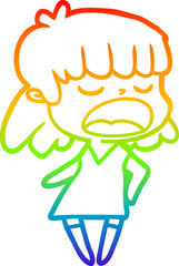 rainbow gradient line drawing cartoon woman talking loudly