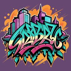 Tshirt Sticker of a hand-drawn illustration featuring an urban skyline with graffiti-style lettering for a streetwear vibe.