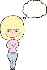 cartoon shy woman with thought bubble
