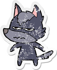 distressed sticker of a cartoon annoyed wolf