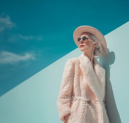 Fashionable senior woman in a pastel peachy coat. Style, trend, lifestyle background. - 751594970