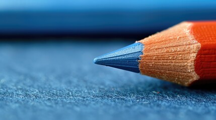 close-up of a single pencil placed on a bright blue surface with copy space, showing intricate detail and texture - Powered by Adobe