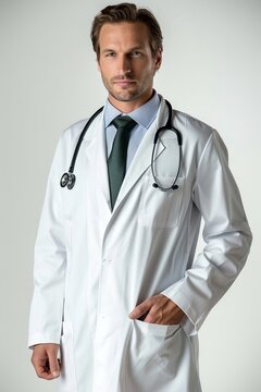 Experience the expertise of a mature male doctor in his 40s through this polished photograph, showcasing him confidently facing forward in a traditional white coat against a minimalist white backgroun