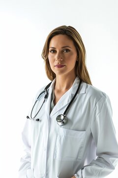 In this expertly crafted photograph, a distinguished female doctor in her 40s stands facing forward, exuding confidence in her traditional white coat against a minimalist white background