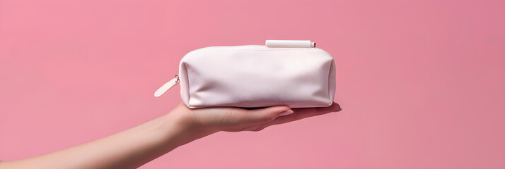 hand holding pink makeup bag - Powered by Adobe
