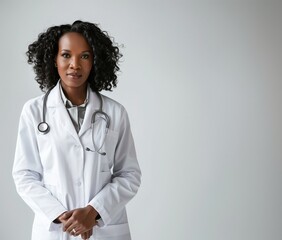 Capture the professionalism of a seasoned female doctor in her 40s, donning a classic white coat and presenting herself with poise in a front-facing pose, set against a neutral white backdrop