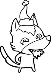 line drawing of a hungry wolf wearing santa hat