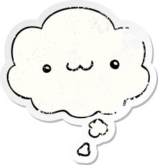 happy cartoon expression and thought bubble as a distressed worn sticker