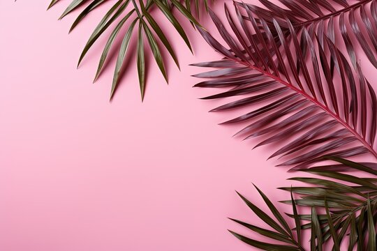 tropical palm leaves frame on pink background top view, beautiful floral template with copy space
