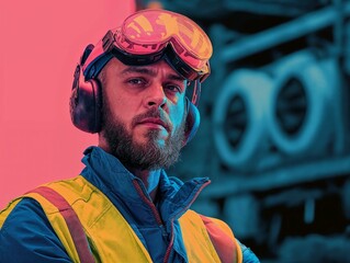 Portrait Industrial Worker in High-Visibility Safety Gear at Construction Site