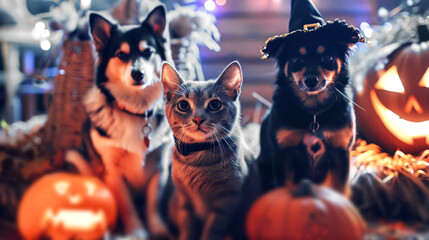 Pets Celebrating Halloween Amidst Pumpkins and Decorations - Powered by Adobe