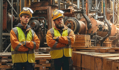 Industrial Engineers in Safety Gear Overseeing Manufacturing Plant Operations