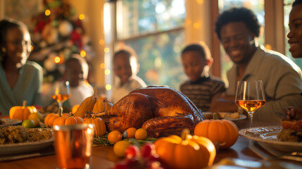 Family gathered around a Thanksgiving table, turkey centerpiece, warm and inviting atmosphere, expression of gratitude - obrazy, fototapety, plakaty