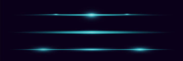 Set of light rays. Lines of light and glare. Neon horizontal highlights.