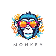 Naklejka premium Creative colorful funny monkey mascot logo. Chimpanzee with sunglasses on colorful gradient, cartoon style, digital vector illustration.