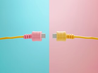 USB cables with colorful connectors joining in the center against a blue and pink background. Internet network conceptual background. - 751595776