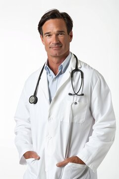 Exemplify professionalism with a striking photograph of a seasoned male doctor in his 40s, presenting himself with assurance in a front-facing pose, dressed in a classic white coat,