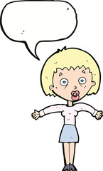 cartoon woman shrugging shoulders with speech bubble
