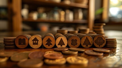 investment, financial, wood, management, plan, growth, strategy, background, target, finance. the idea of investing and managing assets in real estate and properties. represented by estate icon.