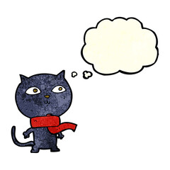 cartoon black cat wearing scarf with thought bubble