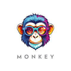 Creative colorful funny monkey mascot logo.
Chimpanzee with sunglasses on colorful gradient, cartoon style, digital vector illustration.
