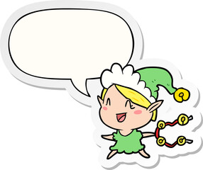 cartoon happy christmas elf and speech bubble sticker