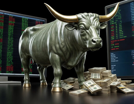 stock market bull with dollars 