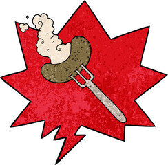 cartoon sausage on fork and speech bubble in retro texture style