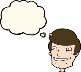 cartoon grinning man with thought bubble