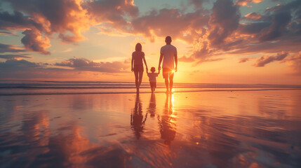 Silhouette of family holding hands and walking into the sunset on the ocean
