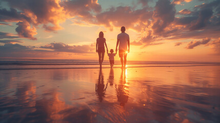 Fototapeta premium Silhouette of family holding hands and walking into the sunset on the ocean