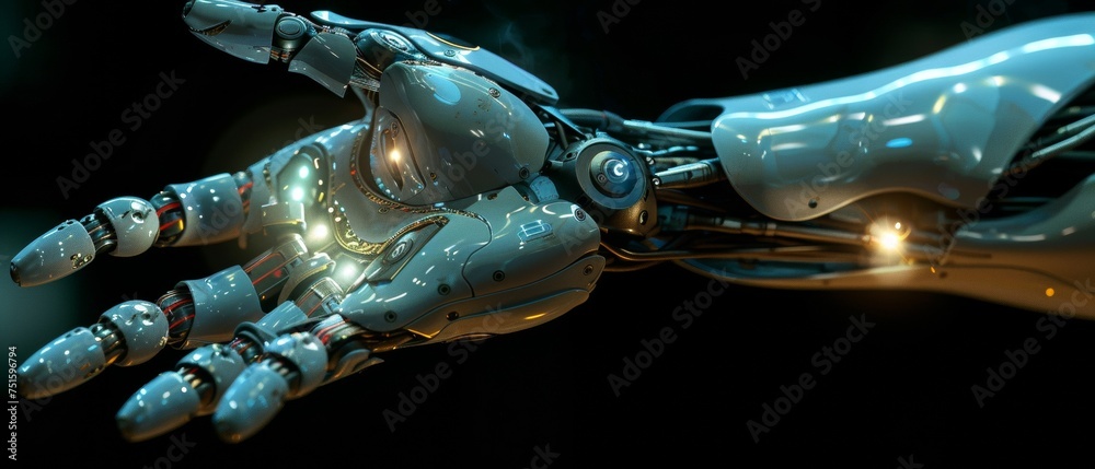 Poster Concept of future technology and business - robot and human hand with flash light and virtual screen projection over black background.