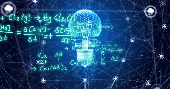 Animation of chemical equations over light bulb and networks on dark background