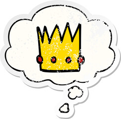 cartoon crown and thought bubble as a distressed worn sticker