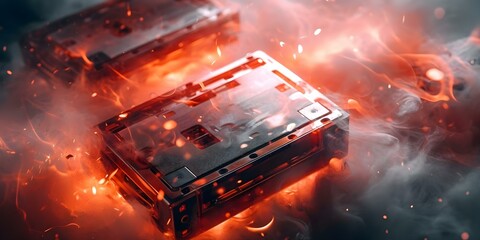 Hazards of Overheating Lithium-Ion Batteries: Depicted with Flames and Smoke. Concept Lithium-Ion Batteries, Overheating Hazards, Flames, Smoke, Safety Measures - obrazy, fototapety, plakaty
