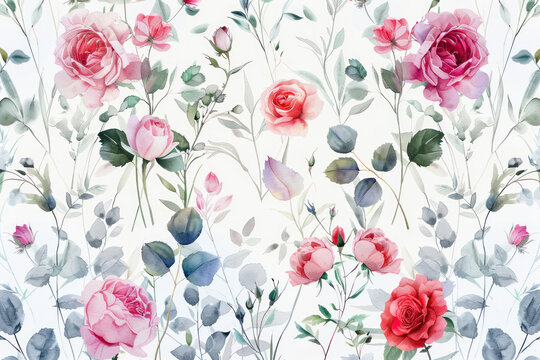 Floral watercolor pattern with garden flowers roses, wildflowers, leaves, branches. Botanical tile, background.