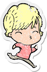 distressed sticker of a cartoon woman thinking