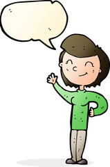cartoon friendly waving woman with speech bubble