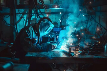 Man Operating Electric Wheel Grinding in Steel Factory - obrazy, fototapety, plakaty