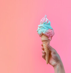Hand holding a soft ice cream cone against pastel coral background. Summer, hot weather copy space - 751597381