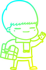 cold gradient line drawing cartoon smug boy carrying present