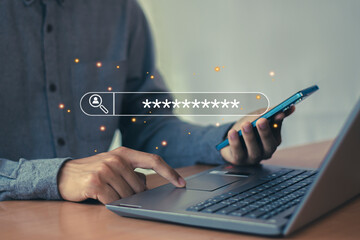 User types login and password. Data protection and secure internet access Cyber ​​security,...