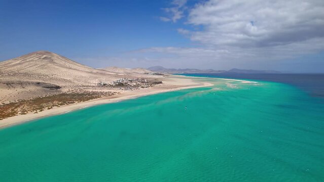 Aerial view of Playa de la Barca and Playa de Sotavento de Jandia, Fuerteventura, Canary islands, Spain