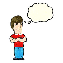 cartoon annoyed man with folded arms with thought bubble