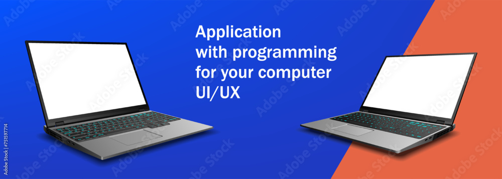 Poster two open, realistic laptops with blank displays. software for your computer. programming and the ope