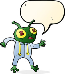cartoon alien spaceman with speech bubble