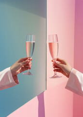 Mirror reflecting a hand holding a champagne glass. Drinking, celebration conceptual background. - 751597713