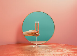Alcohol problem, virtual celebration background. Hand reaching for the champagne glass through a circular mirror. - 751597747
